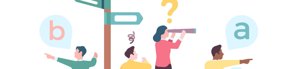 Illustration: Personen suchen auf unterschiedliche Art nach Lösungen und stehen symbolhaft neben eimem Wegweiser