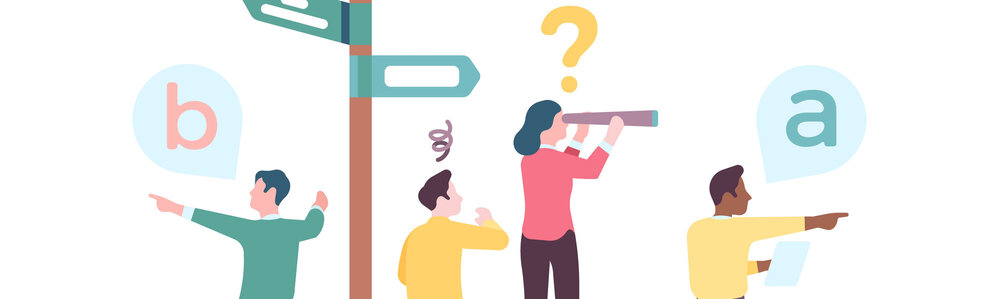 Illustration: Personen suchen auf unterschiedliche Art nach Lösungen und stehen symbolhaft neben eimem Wegweiser