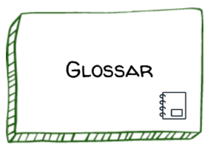 Strichzeichnung Box mit Aufschrift Glossar und einem Lexikon in Strichzeichnung