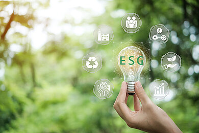 Handhaltende Glühbirne mit ESG-Icon-Konzept für Umwelt, Soziales und Governance im nachhaltigen und ethischen Wirtschaften auf der Netzwerkverbindung auf grünem Hintergrund.